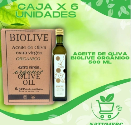 Pack de aceite de Oliva orgánico extravirgen Biolive por 6 unidades de 500 ml.